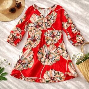Figueroa & Flower Floral Boho Dress Size L Red Ruffle Sleeve Lightweight Tunic